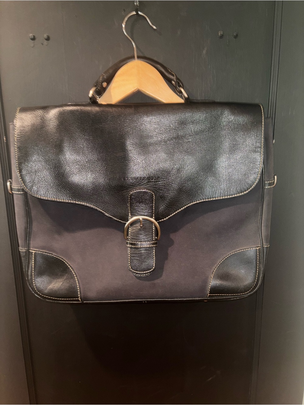 Kenneth Cole New York Black Leather Canvas Messenger Briefcase Bag Laptop